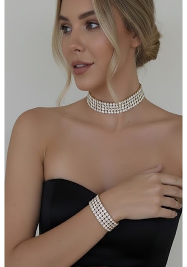 Caş Dekorasyon Altın Renk Taşlı Choker Kolye Ve Bileklik Set Altın