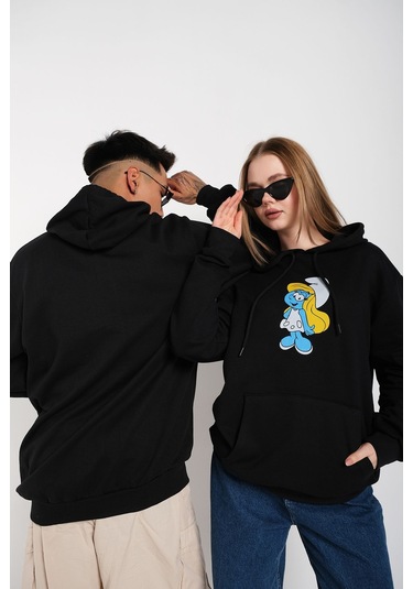 Siyah Unisex Ikili Şirinler Baskılı Oversize Kapşonlu Sweatshirt Hoodie Tw-Tomjerrybaskı Siyah
