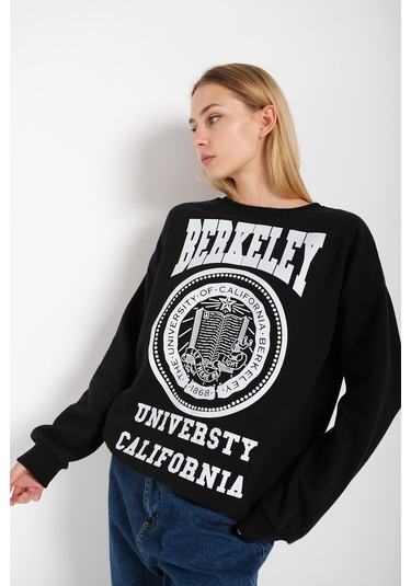 Modagen Kadın Siyah Berkeley Baskılı Bisiklet Yaka Oversize Sweatshirt Siyah