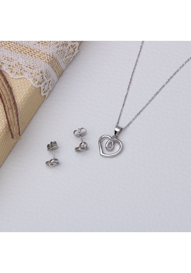 Kalp Model 925 Ayar Kolye Çivili Küpe Kadın 2'li Set Gümüş