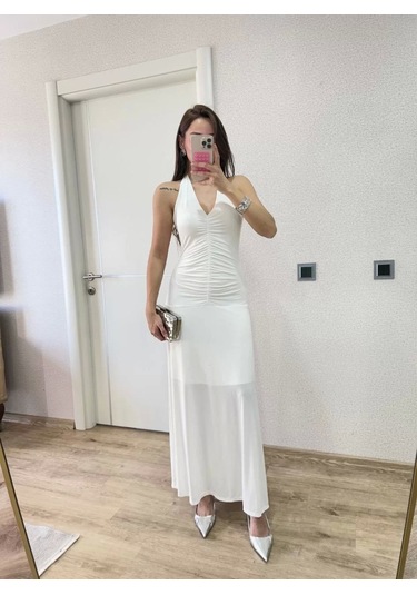 Sırt Dekolteli Uzun Elbise - Beyaz Beyaz