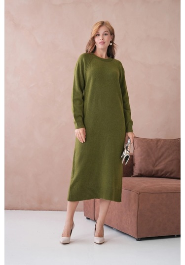 Kadın Bisiklet Yaka Yumuşak Dokulu Maksi Boy Şardonlu Oversize Triko Elbise 8324sw Haki