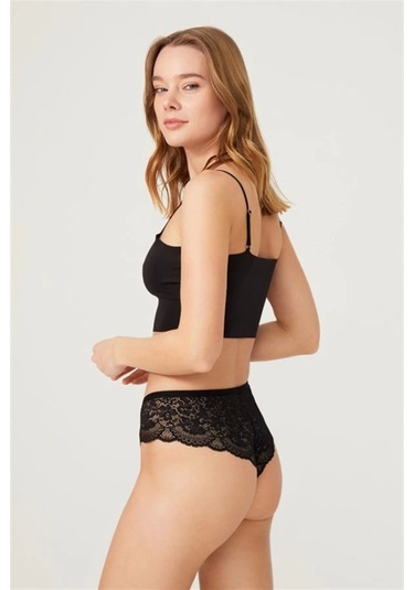 Cottonhill Dantelli Transparan Kadın Brezilya Külot Siyah