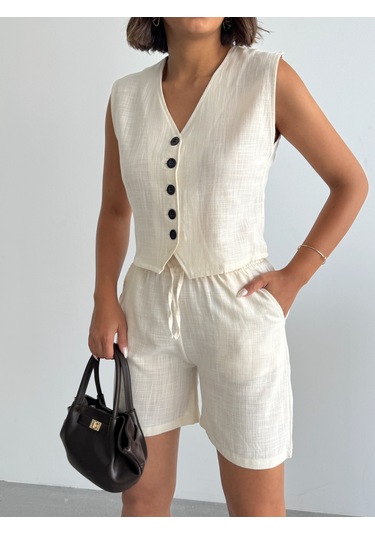 Kadın Keten Yelek Şort Alt Üst Takım Krem