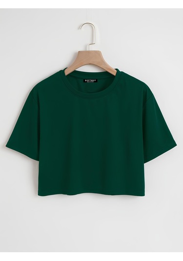 Kadın Oversize Bisiklet Yaka Düz Crop T-shirt - Yeşil