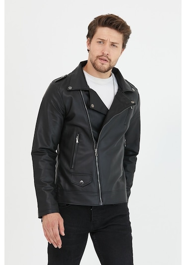 Mero Life Erkek Çapraz Fermuarlı Deri Ceket - Siyah
