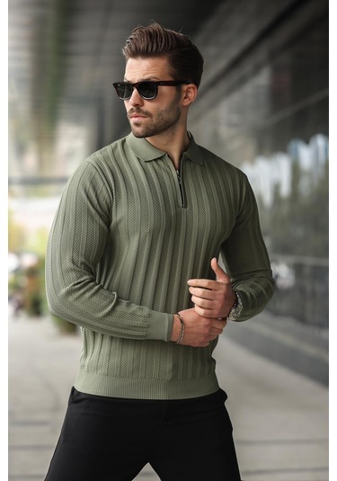 Haki Yarım Fermuarlı Polo Yaka Triko Kazak E7426 Haki