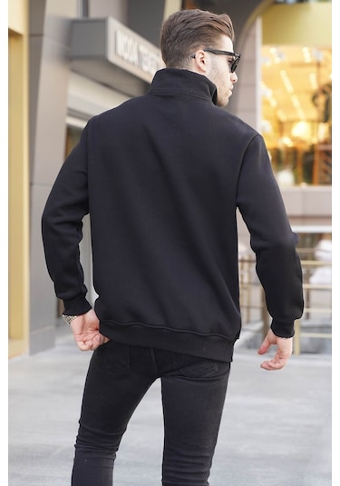 Madmext Siyah Fermuar Yaka Nakışlı Sweatshirt 6028-siyah Siyah