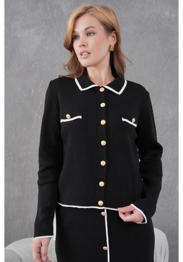 Kadın Polo Yaka Düğme Detay Ceket Uzun Etek İkili Triko Takım Siyah