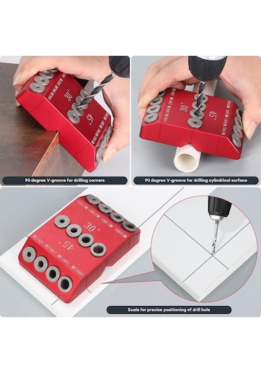 Moveevo Alüminyum Alaşımlı 30/45/90 Derece Açı Delme Konumlandırıcı, Düz/çarpık Delik Rehberi, Ahşap İşleri İçin Dıy Takımı - Kırmızı