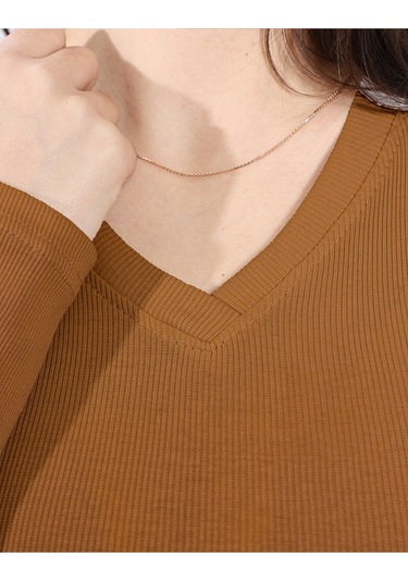 Pamuklu Kaşkorse V Yaka Body Sweatshirt, Fitilli Kumaş Likralı Bluz, Asker Yeşili Badi Kahve