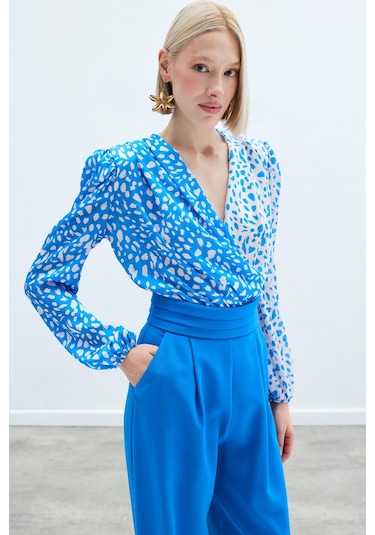 Sateen Kruvaze Desenli Bodysuit - Ekru-lacivert Ekru - Lacivert