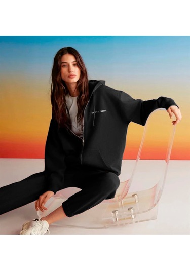 GRIMELANGE Ametıs Kadın Oversize Organik Pamuklu Metal Fermuarlı Kapüşonlu Siyah Sweatshirt Siyah