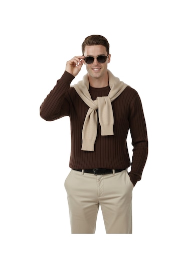 Deepsea Erkek Kahve Rahat Kalıp Çizgi Dokulu Triko Kazak Şık & Modern Tasarım 2605432 Kahve