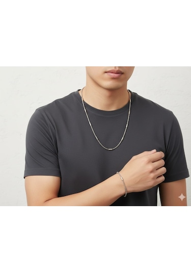 Akfecan Erkek Unisex Kadın Paslanmaz Çelik Kolye Bileklik Seti Gümüş