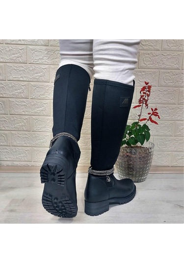 M.p 2753 Siyah Taşlı Ligralı Fermuarlı 45cm Bayan Çizme 001