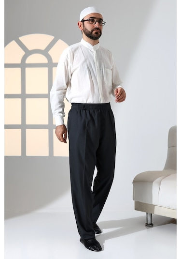 Erkek Rahat Kesim Beli Lastikli Cepli Hac Ve Umre Kumaş Şalvar Pantolon - Antrasit İsr 001