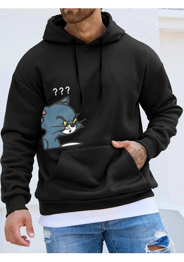 Sweatshirt Tom Ve Jerry Baskılı Kapşonlu Siyah