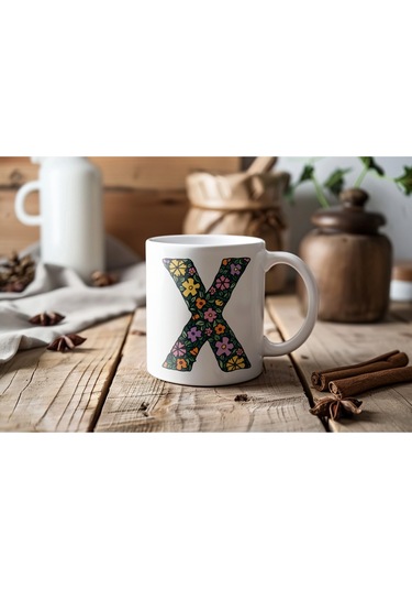 X Baş Harf Çiçek Desenleri İle Natural Tarz Kupa Bardak - Kişiye Özel Çiçekli Kahve Çay Bardak - Beyaz