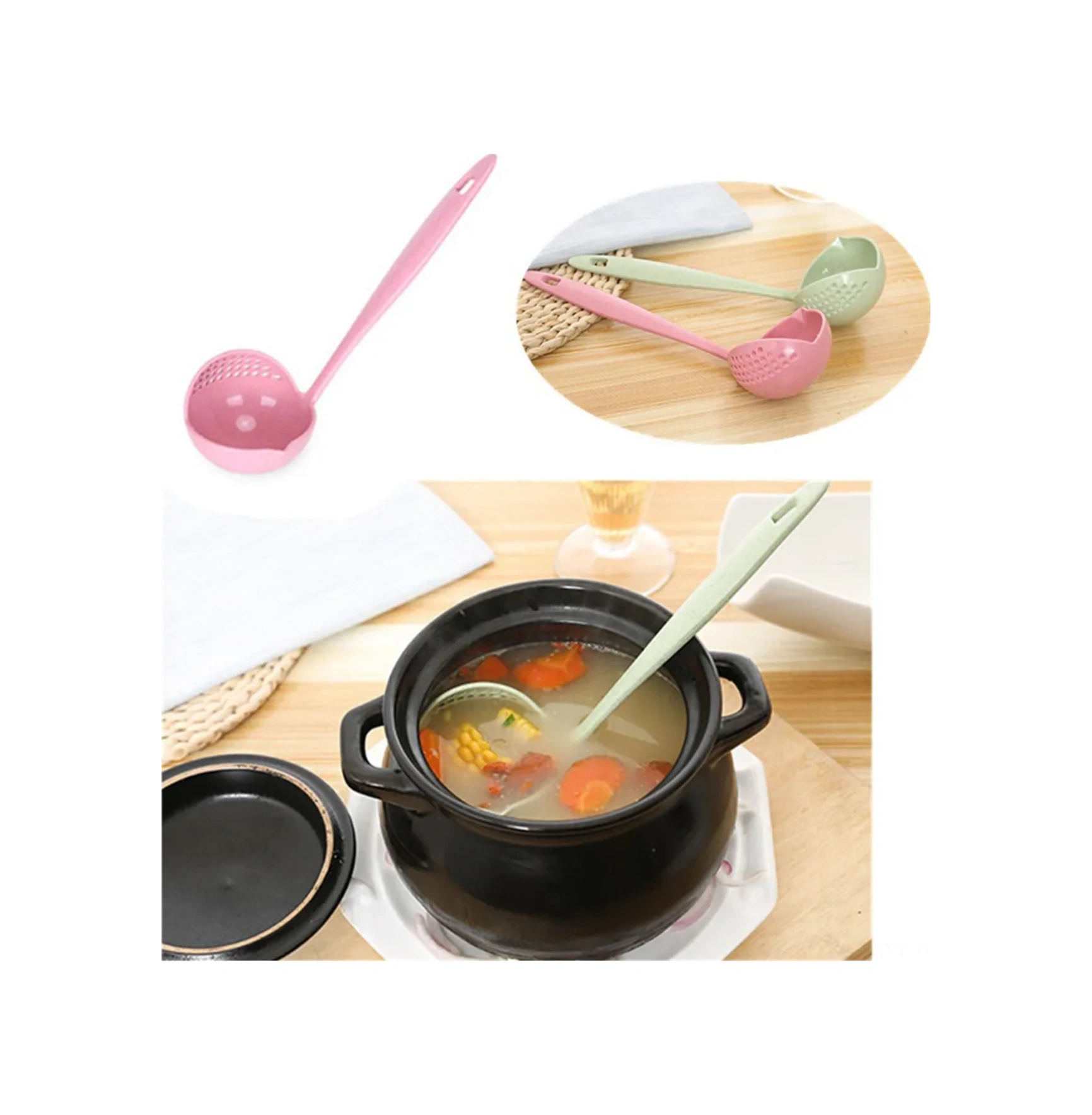 Yaleker Çevre Dostu Askılı Kelleli Kaşık - Yiyecek Grade Plastik, Sürekli Kullanımlı, Filtre Fonksiyonu, Yeşil Renk Pembe