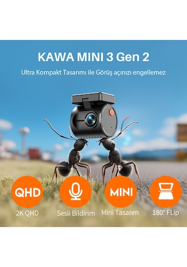 Kawa Mini 3 Gen2 2k 1296p Wifi 145 Geniş Açı Gece Görüşlü 32gb Hafıza Kartlı Akıllı Araç Kamerası