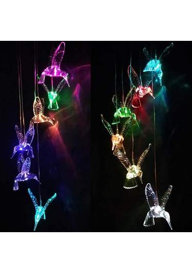 Qingmipy Güneş Enerjili Renk Değiştiren Led Bahçe Rüzgar Çanı - Kuş Figürlü Dekoratif Aydınlatma Şeffaf