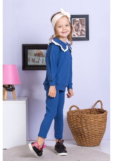 Fisto Yaka Detaylı Alt Üst Kaşkorse Kız Çocuk Takım Lacivert