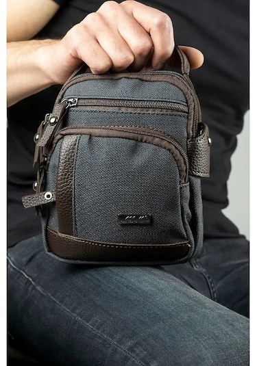 Kanvas Deri Detay Erkek Günlük El Omuz Askılı Çanta Gri A101 Gri