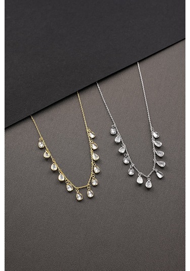 925 Ayar Gümüş Ful Damla Zirkon Taş Sallantılı Kolye Altın