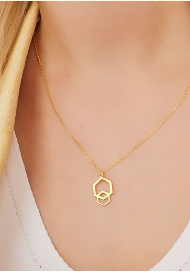 Dkmn Gümüş İç İçe Altıgen Kolye 925 Ayar Kadın Gümüş Kolye