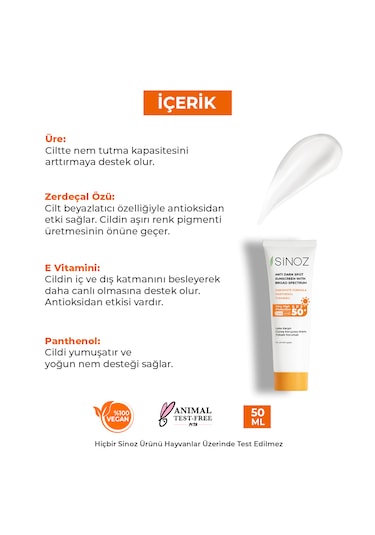 Sinoz Leke Karşıtı Yüksek Koruyucu Normal ve Kuru Ciltler İçin Yüz Güneş Kremi SPF50+ 50 ML
