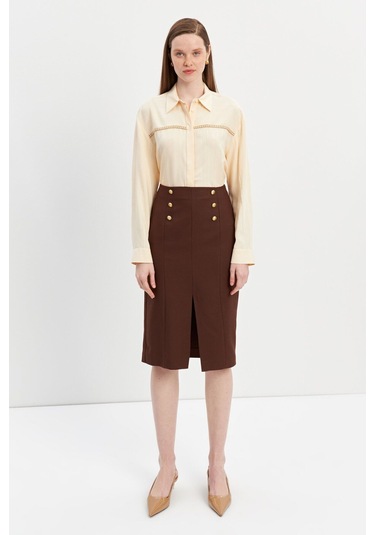 Stella Pulvis Kahverengi Düğme Detaylı Kalem Etek Kahverengi