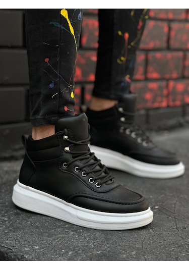 Modern Ve Şık.kb-0994 Siyah Cilt Yüksek Taban Erkek Bilek Bot Siyah