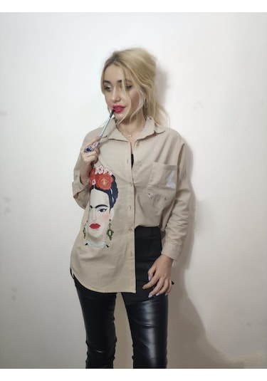Baskılı Keten Basıc Gömlek Bej