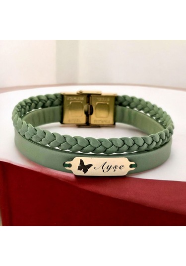 Ayşe İsmine Özel Kelebek Figürlü 14 Ayar Altın Plakalı Doğal Yeşil Derili Hediye Bileklik-660isim Ayşe