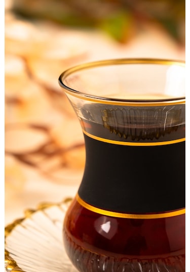 Mest 12 Parça 6 Kişilik Siyah Gold Yaldızlı Cam Çay Bardağı Seti Sofralarınıza Şıklık Ve Zarafet Katın Siyah Gold