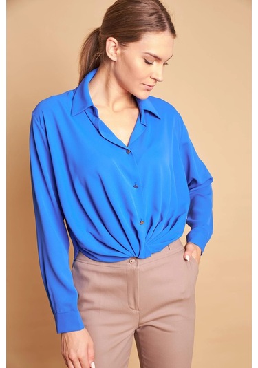 Yakalı Önü Pileli Uzun Kol Likrasız Şık Kumaş Gömlek-Saks Sax