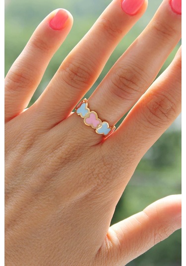 Niki Aksesuar Pembe Mavi Mineli Kelebek Yüzük Ayarlamalı Pembe