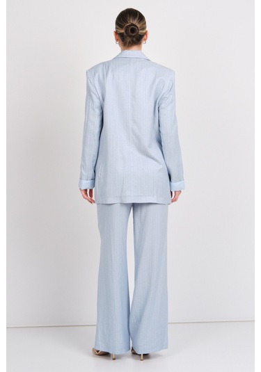 Ayhan Kadın Çizgili Cepli Keten Pantolon 1197 Mavi Mavi