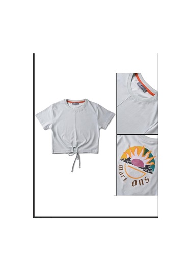 Kız Çocuk Sırtı Güneş Baskılı Bağlamalı Crop-12869 Beyaz