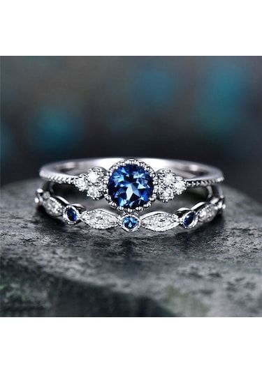 2 Pcs/set Women Fashion Zircon Gemstone Ring 9 Blue Çok Renkli