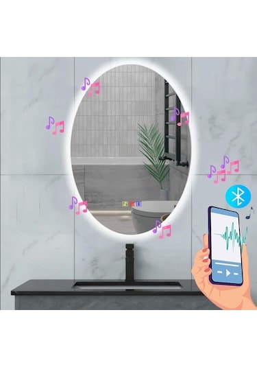60x80 H Cm Bluetoothlu Buğu Çözücülü Dokunmatik Işıklı Ledli Elips Banyo Aynası