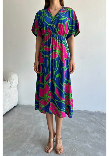 Kadın Mavi Derin V Yaka Yazlık Uzun Önden Yırtmaçlı Viskon Elbise Mavi