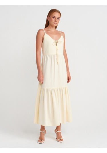 Dilvin 90575 Uzun Dekolte Denim Elbise-sarı Sarı