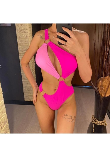 Seksi Asimetrik Ekleme Tek Omuz Kadın Mayo Tek Parça Mayo Kadın Monokini Kesik Bather Mayo Yüzme Pembe