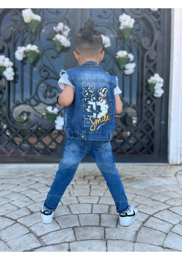 Uğur Böceği Çocuk Kurt Desenli Kot Yelekli Pantolon Tshirt Üçlü Erkek Takım 2-12 Yaş Mavi