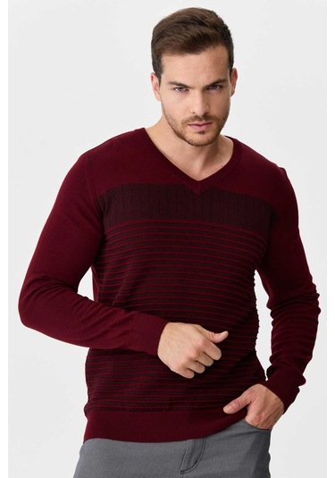 Desen Triko Erkek Desenli V Yaka Yün Kazak 0249640 Bordo Bordo