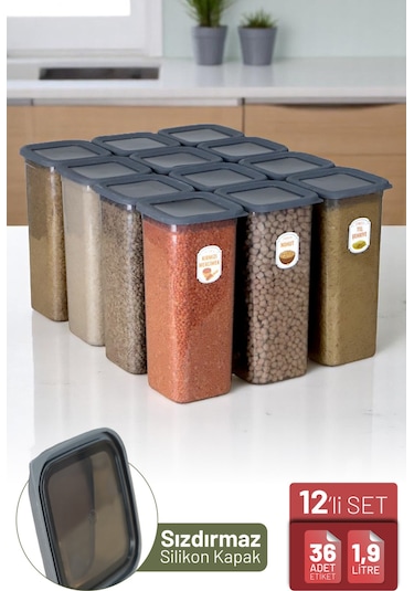 İronika 12'li Sızdırmaz Silikon Kapaklı Etiketli Jumbo Boy 1900 Ml Kare Erzak Bakliyat Saklama Kabı Antrasit Antrasit