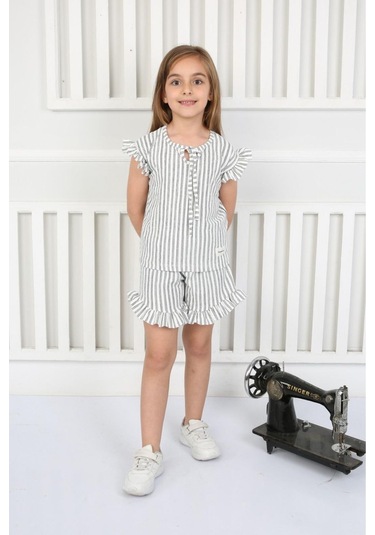 Fırfır Detaylı Şortlu Yazlık Kız Çocuk Takım Çizgili Siyah