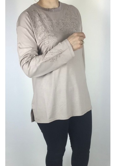 Kadın Likralı Turlu Viskon Büyük Beden Yaka Ve Kolağzı Taşlı Ve İşlemeli Bluz Krem